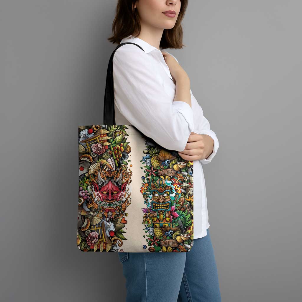 Hawaii And Japan Tote Bag Tiki With Oni Mask LT05 - Polynesian Pride