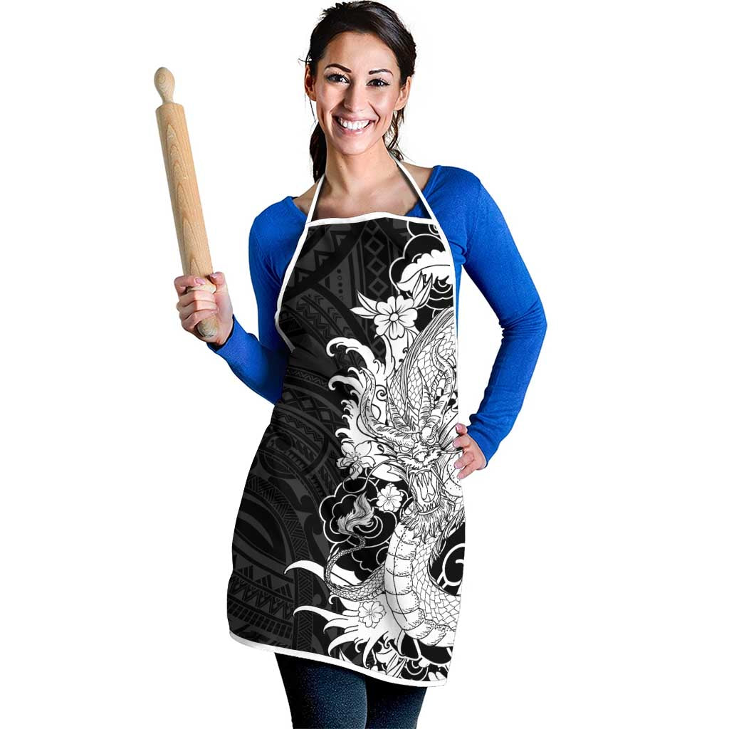 Hawaiian And Japanese Culture Apron Irezumi Dragon With Polynesian Pattern Black LT05 - Polynesian Pride
