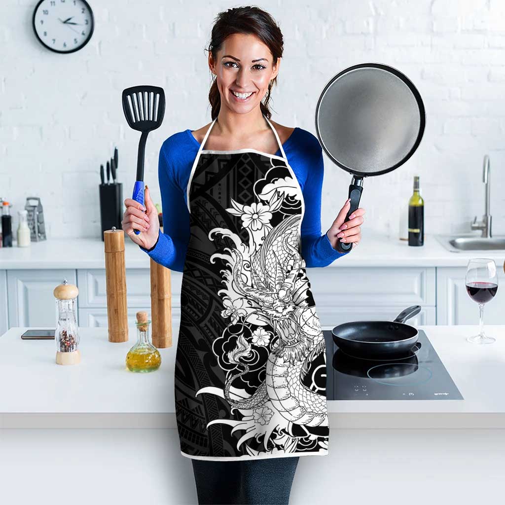 Hawaiian And Japanese Culture Apron Irezumi Dragon With Polynesian Pattern Black LT05 - Polynesian Pride