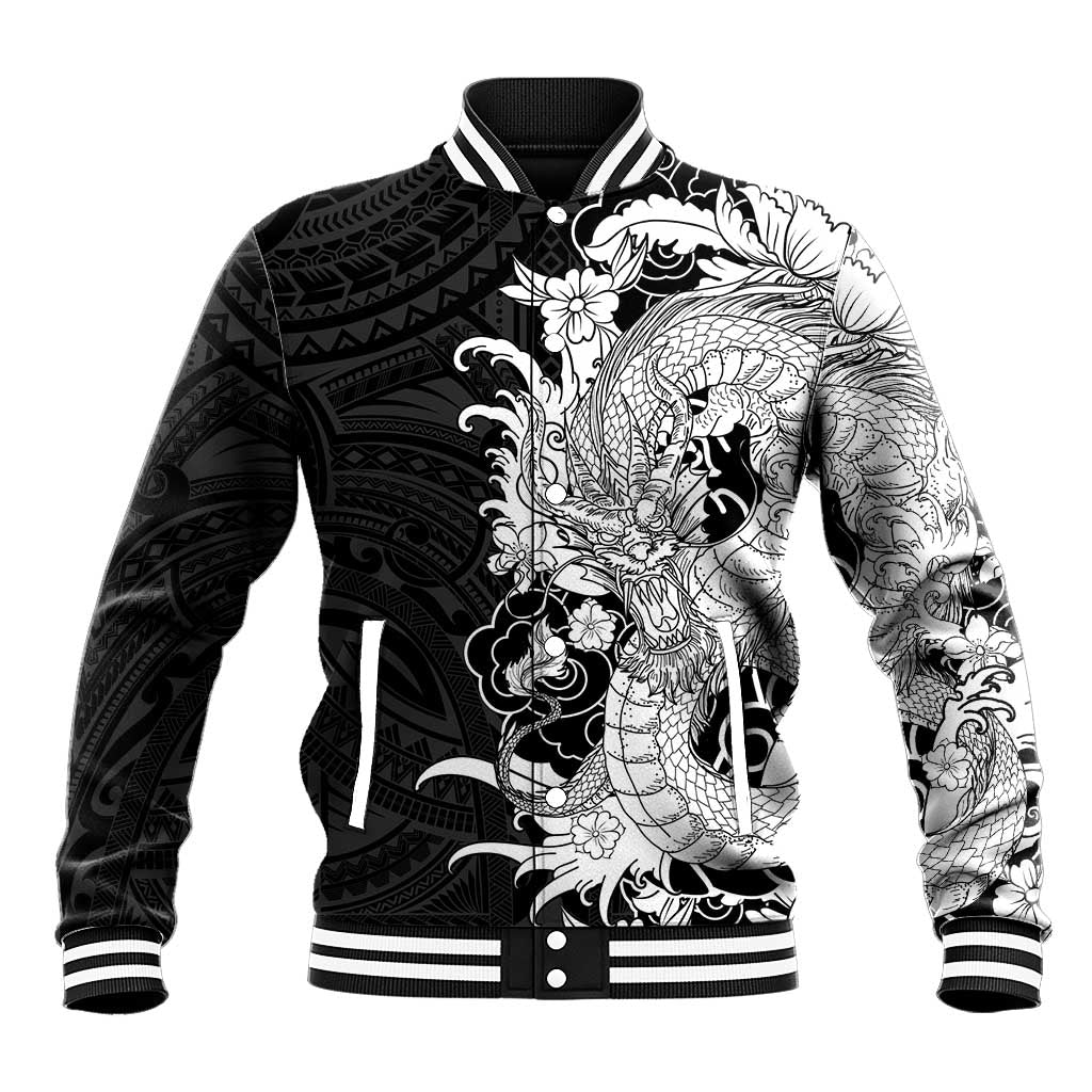 Hawaiian And Japanese Culture Baseball Jacket Irezumi Dragon With Polynesian Pattern Black LT05 Unisex Black - Polynesian Pride