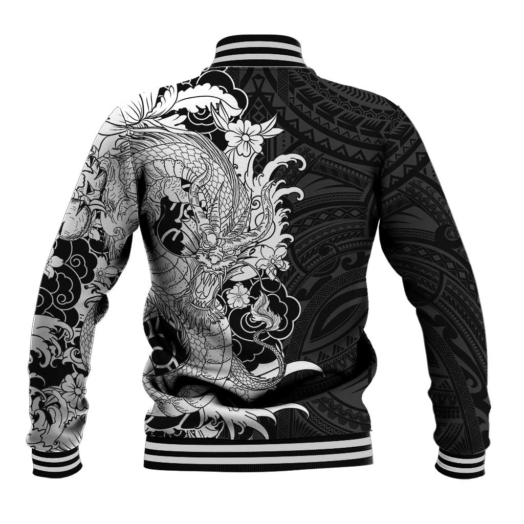 Hawaiian And Japanese Culture Baseball Jacket Irezumi Dragon With Polynesian Pattern Black LT05 - Polynesian Pride