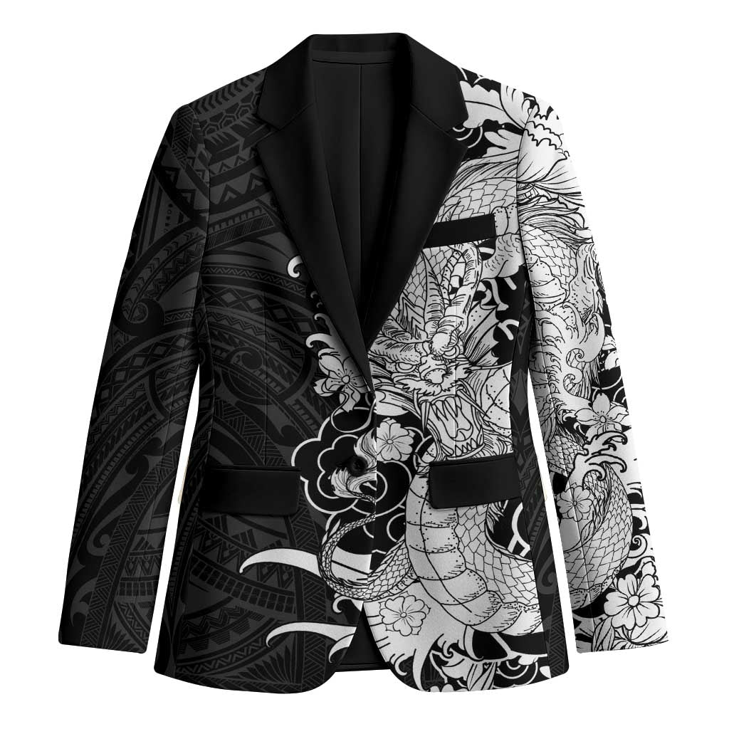Hawaiian And Japanese Culture Blazer Irezumi Dragon With Polynesian Pattern Black LT05 Unisex Black - Polynesian Pride
