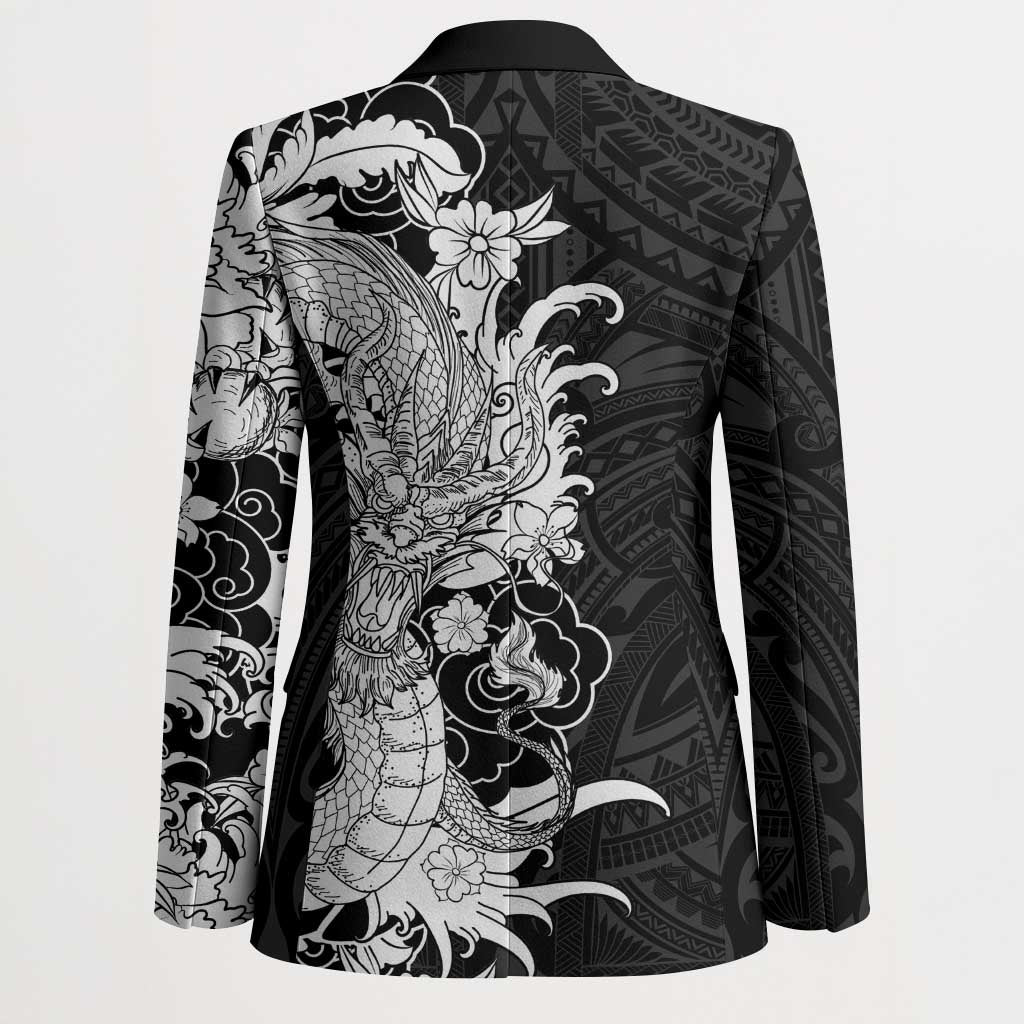 Hawaiian And Japanese Culture Blazer Irezumi Dragon With Polynesian Pattern Black LT05 - Polynesian Pride