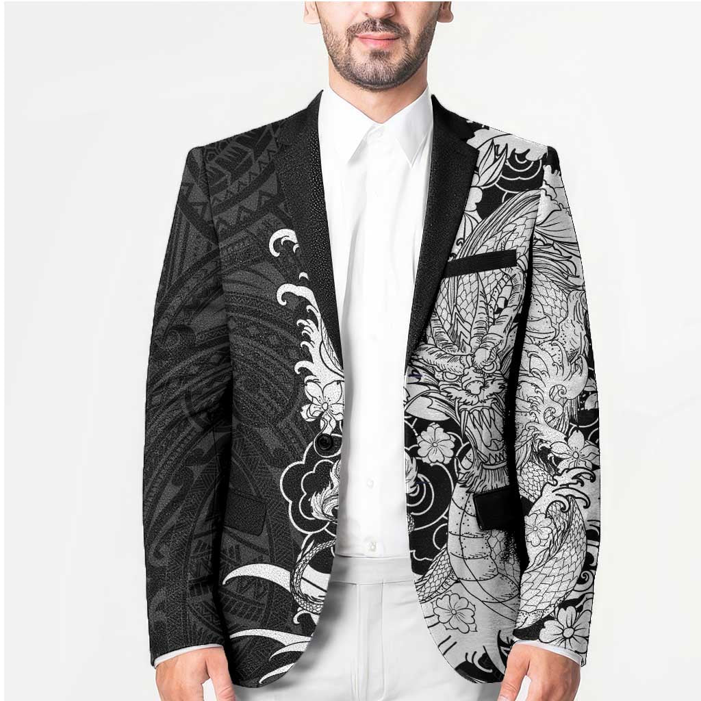 Hawaiian And Japanese Culture Blazer Irezumi Dragon With Polynesian Pattern Black LT05 - Polynesian Pride