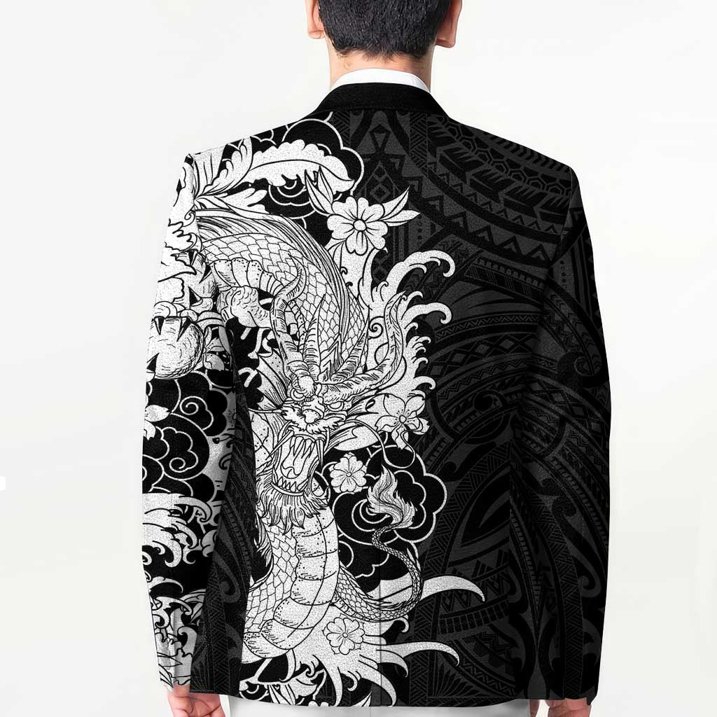 Hawaiian And Japanese Culture Blazer Irezumi Dragon With Polynesian Pattern Black LT05 - Polynesian Pride
