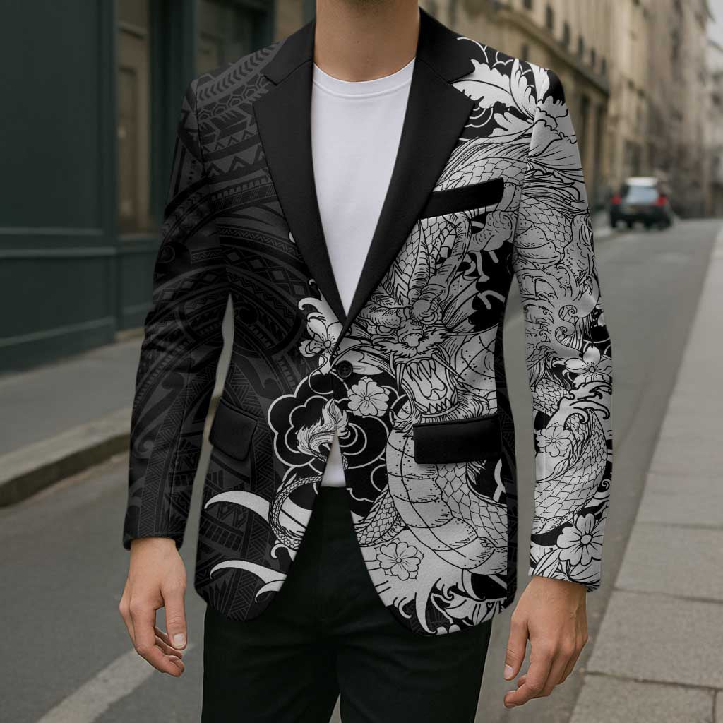 Hawaiian And Japanese Culture Blazer Irezumi Dragon With Polynesian Pattern Black LT05 - Polynesian Pride