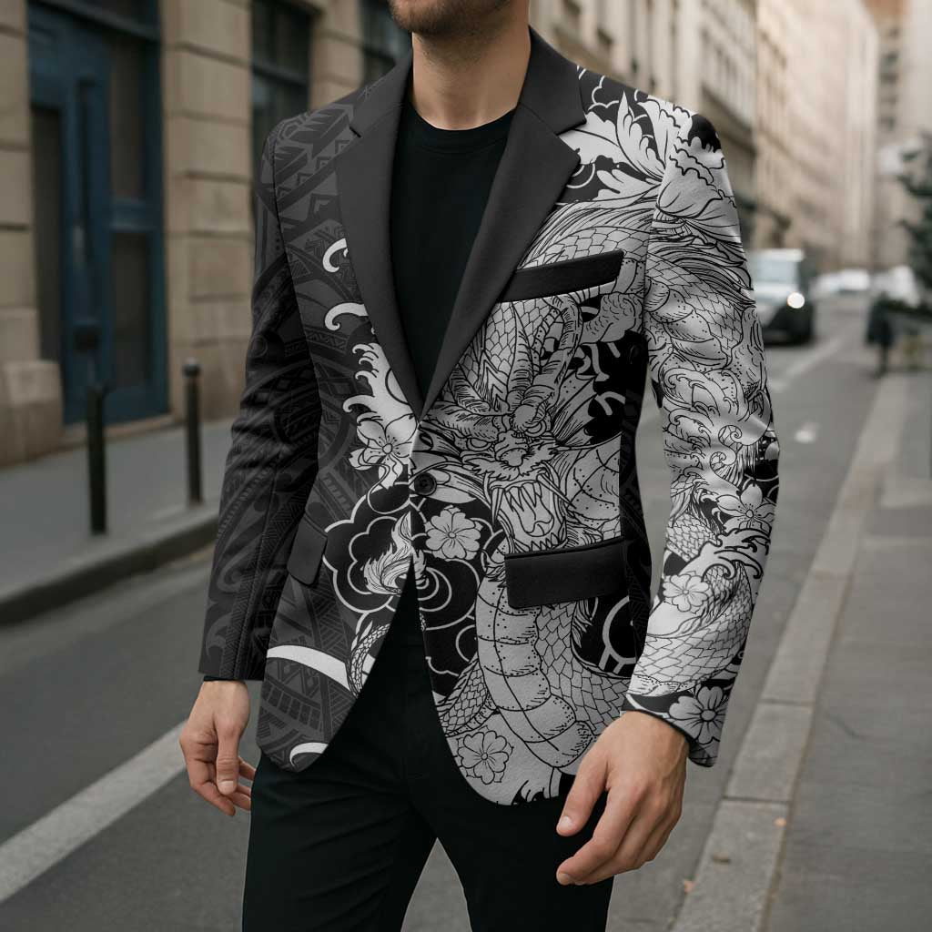 Hawaiian And Japanese Culture Blazer Irezumi Dragon With Polynesian Pattern Black LT05 - Polynesian Pride