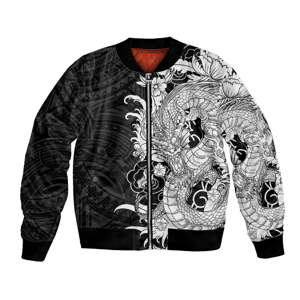 Hawaiian And Japanese Culture Bomber Jacket Irezumi Dragon With Polynesian Pattern Black LT05 Unisex Black - Polynesian Pride