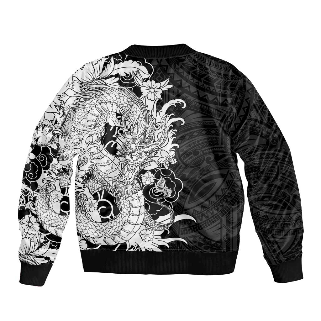 Hawaiian And Japanese Culture Bomber Jacket Irezumi Dragon With Polynesian Pattern Black LT05 - Polynesian Pride