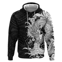Hawaiian And Japanese Culture Hoodie Irezumi Dragon With Polynesian Pattern Black LT05 Pullover Hoodie Black - Polynesian Pride