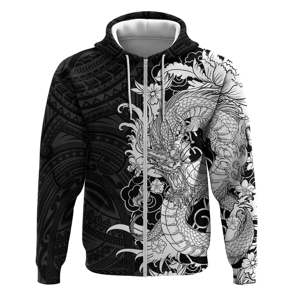 Hawaiian And Japanese Culture Hoodie Irezumi Dragon With Polynesian Pattern Black LT05 Zip Hoodie Black - Polynesian Pride