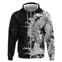 Hawaiian And Japanese Culture Hoodie Irezumi Dragon With Polynesian Pattern Black LT05 Zip Hoodie Black - Polynesian Pride