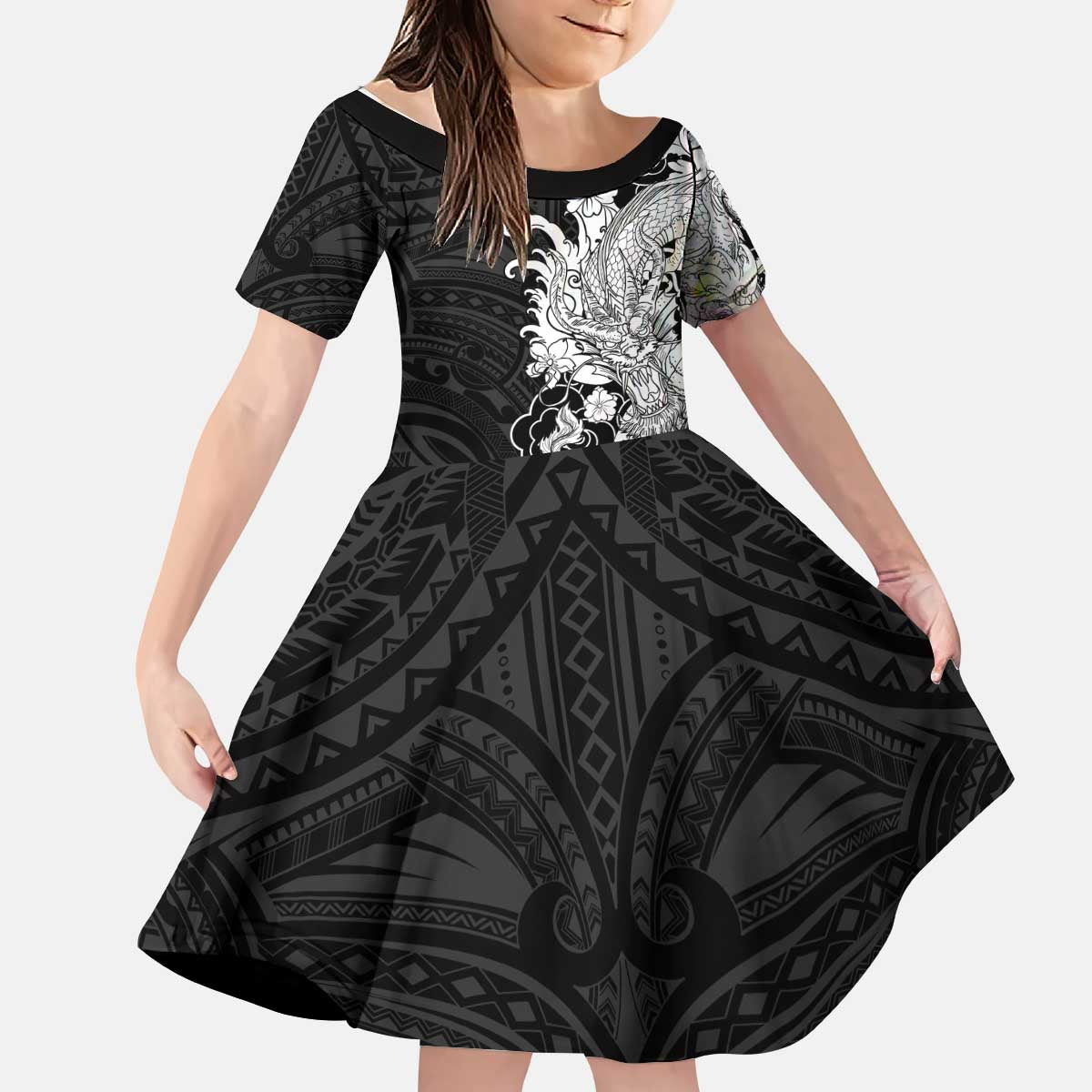 Hawaiian And Japanese Culture Kid Short Sleeve Dress Irezumi Dragon With Polynesian Pattern Black LT05 KID Black - Polynesian Pride