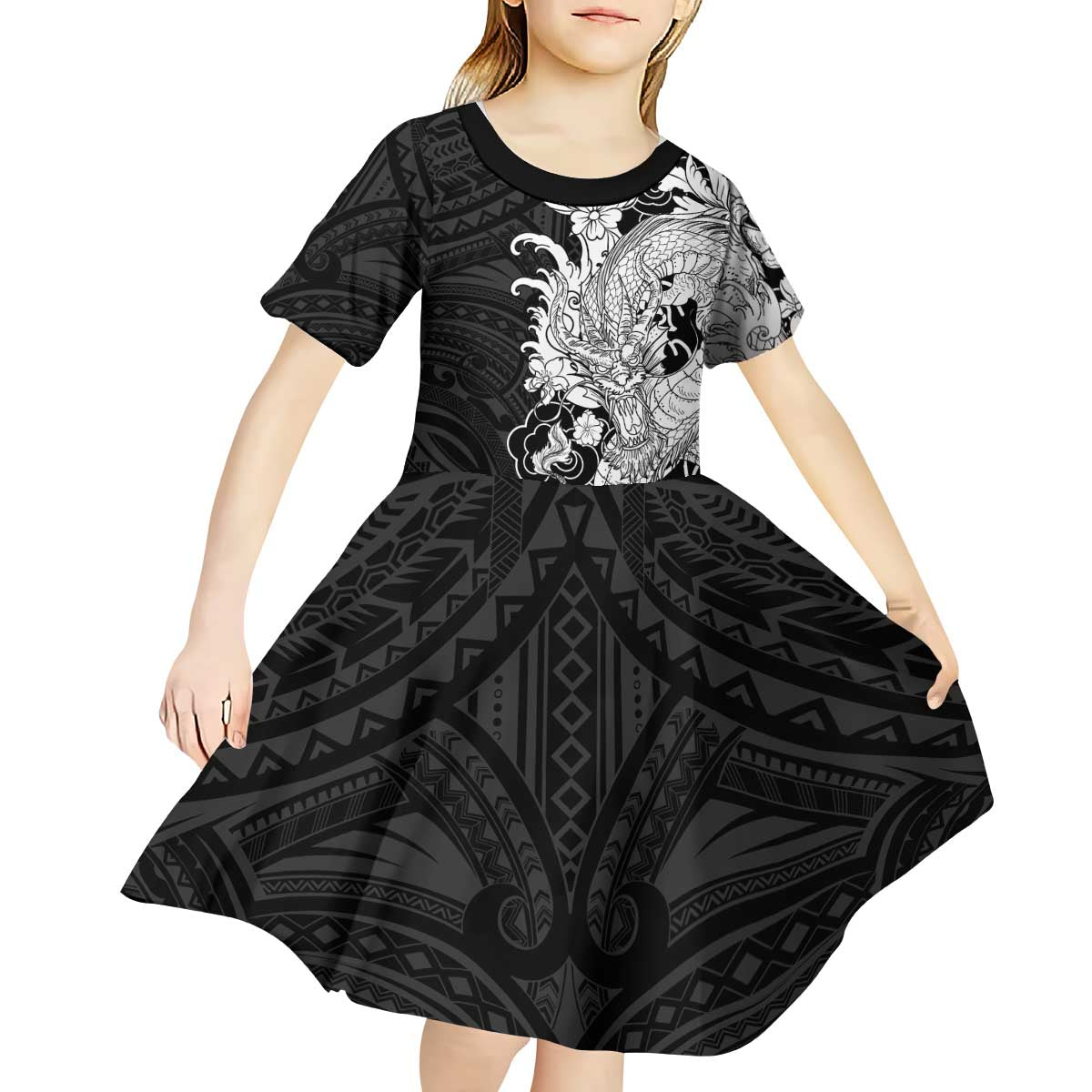 Hawaiian And Japanese Culture Kid Short Sleeve Dress Irezumi Dragon With Polynesian Pattern Black LT05 - Polynesian Pride
