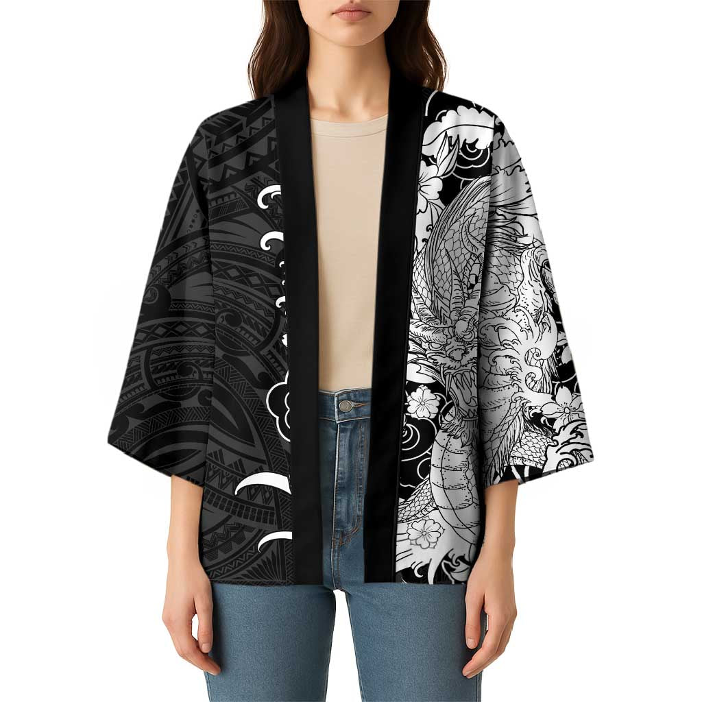 Hawaiian And Japanese Culture Kimono Irezumi Dragon With Polynesian Pattern Black LT05 - Polynesian Pride