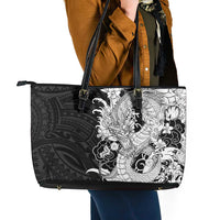 Hawaiian And Japanese Culture Leather Tote Bag Irezumi Dragon With Polynesian Pattern Black LT05 - Polynesian Pride
