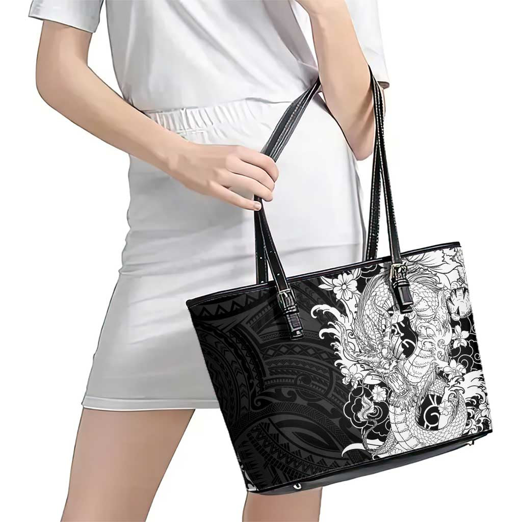 Hawaiian And Japanese Culture Leather Tote Bag Irezumi Dragon With Polynesian Pattern Black LT05 - Polynesian Pride