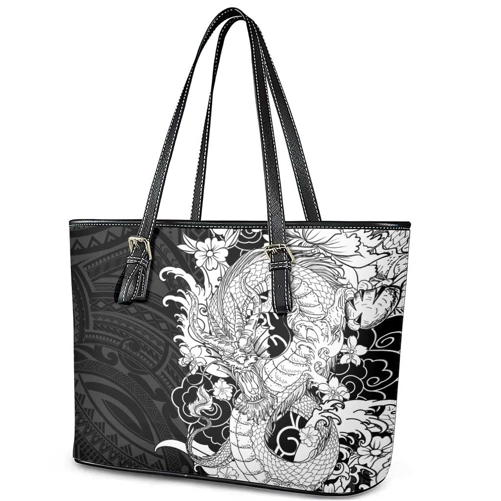 Hawaiian And Japanese Culture Leather Tote Bag Irezumi Dragon With Polynesian Pattern Black LT05 - Polynesian Pride