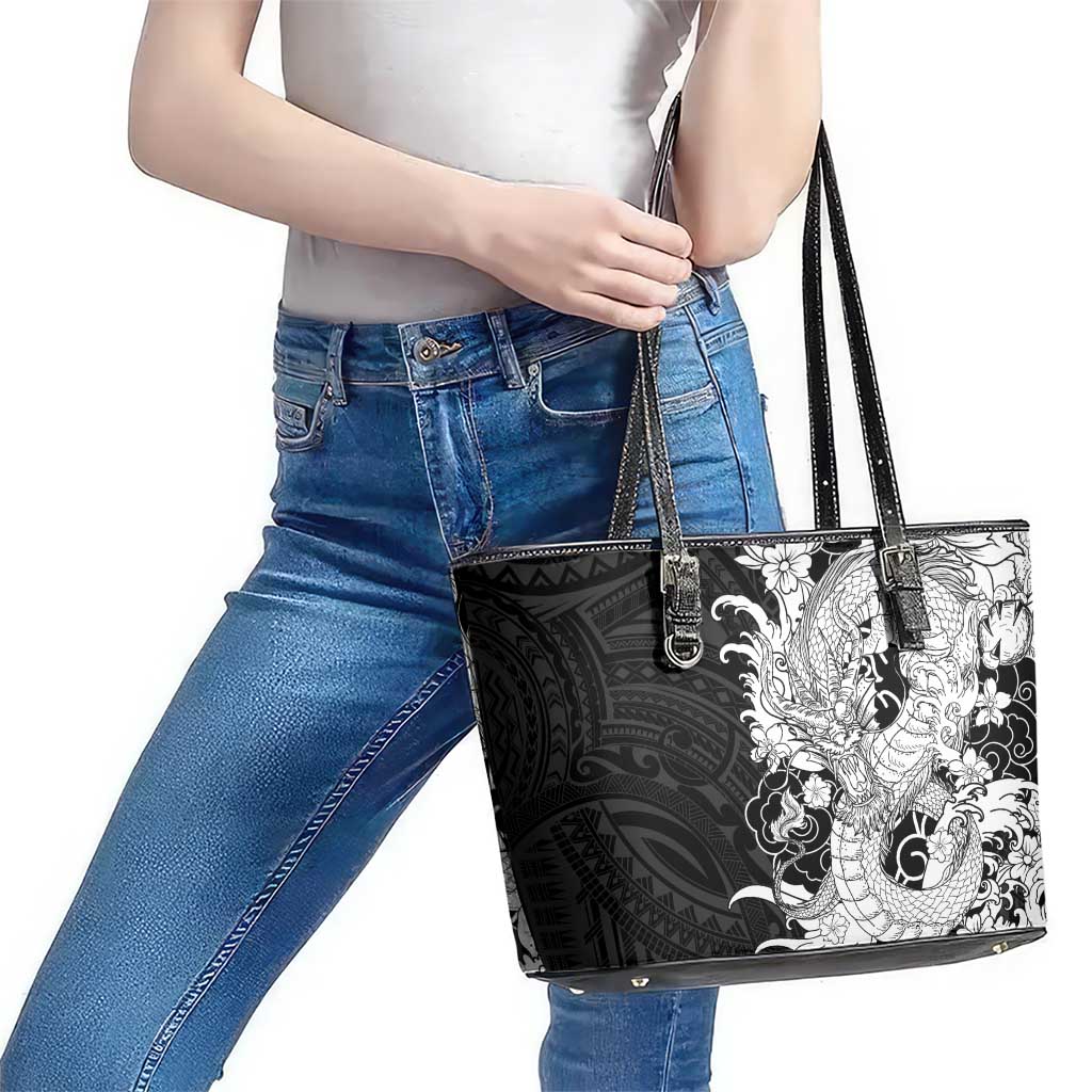 Hawaiian And Japanese Culture Leather Tote Bag Irezumi Dragon With Polynesian Pattern Black LT05 - Polynesian Pride