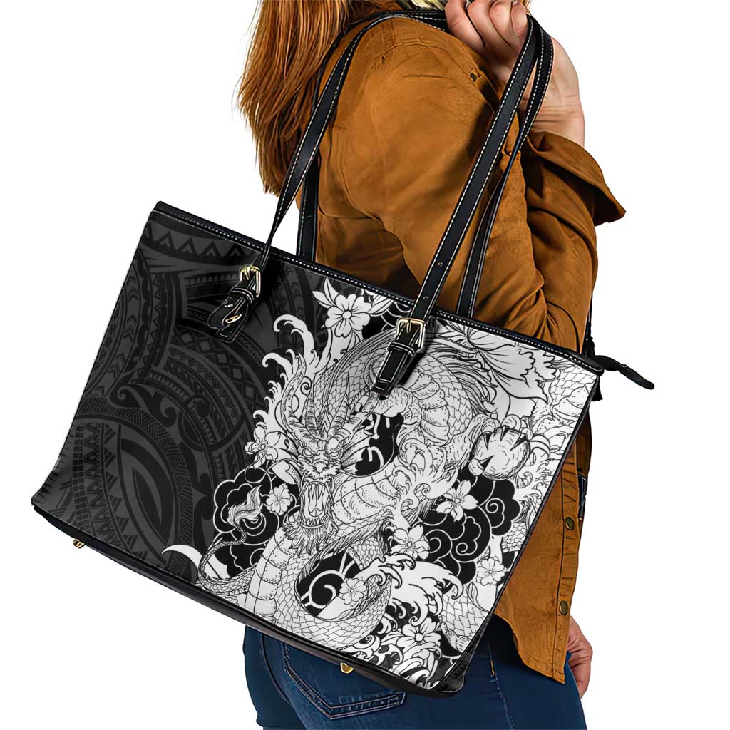 Hawaiian And Japanese Culture Leather Tote Bag Irezumi Dragon With Polynesian Pattern Black LT05 - Polynesian Pride