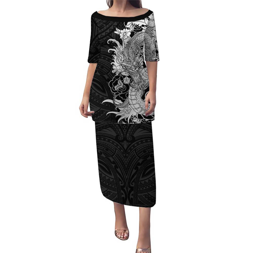 Hawaiian And Japanese Culture Puletasi Irezumi Dragon With Polynesian Pattern Black LT05 Long Dress Black - Polynesian Pride