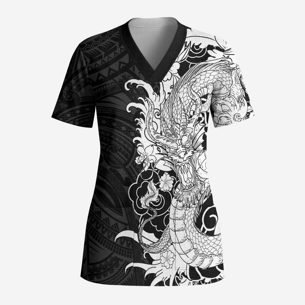 Hawaiian And Japanese Culture Scrub Top Irezumi Dragon With Polynesian Pattern Black LT05 Adult Black - Polynesian Pride