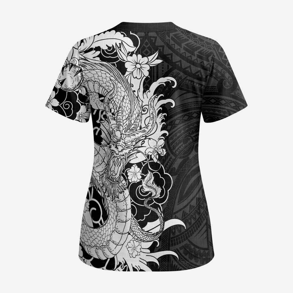 Hawaiian And Japanese Culture Scrub Top Irezumi Dragon With Polynesian Pattern Black LT05 - Polynesian Pride