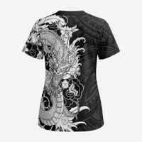 Hawaiian And Japanese Culture Scrub Top Irezumi Dragon With Polynesian Pattern Black LT05 - Polynesian Pride