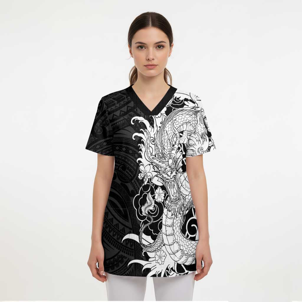 Hawaiian And Japanese Culture Scrub Top Irezumi Dragon With Polynesian Pattern Black LT05 - Polynesian Pride