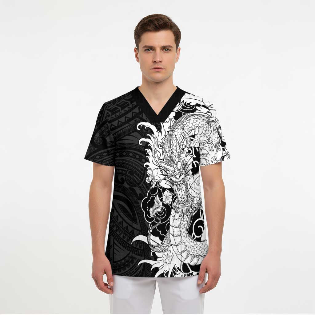 Hawaiian And Japanese Culture Scrub Top Irezumi Dragon With Polynesian Pattern Black LT05 - Polynesian Pride