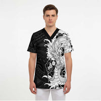 Hawaiian And Japanese Culture Scrub Top Irezumi Dragon With Polynesian Pattern Black LT05 - Polynesian Pride