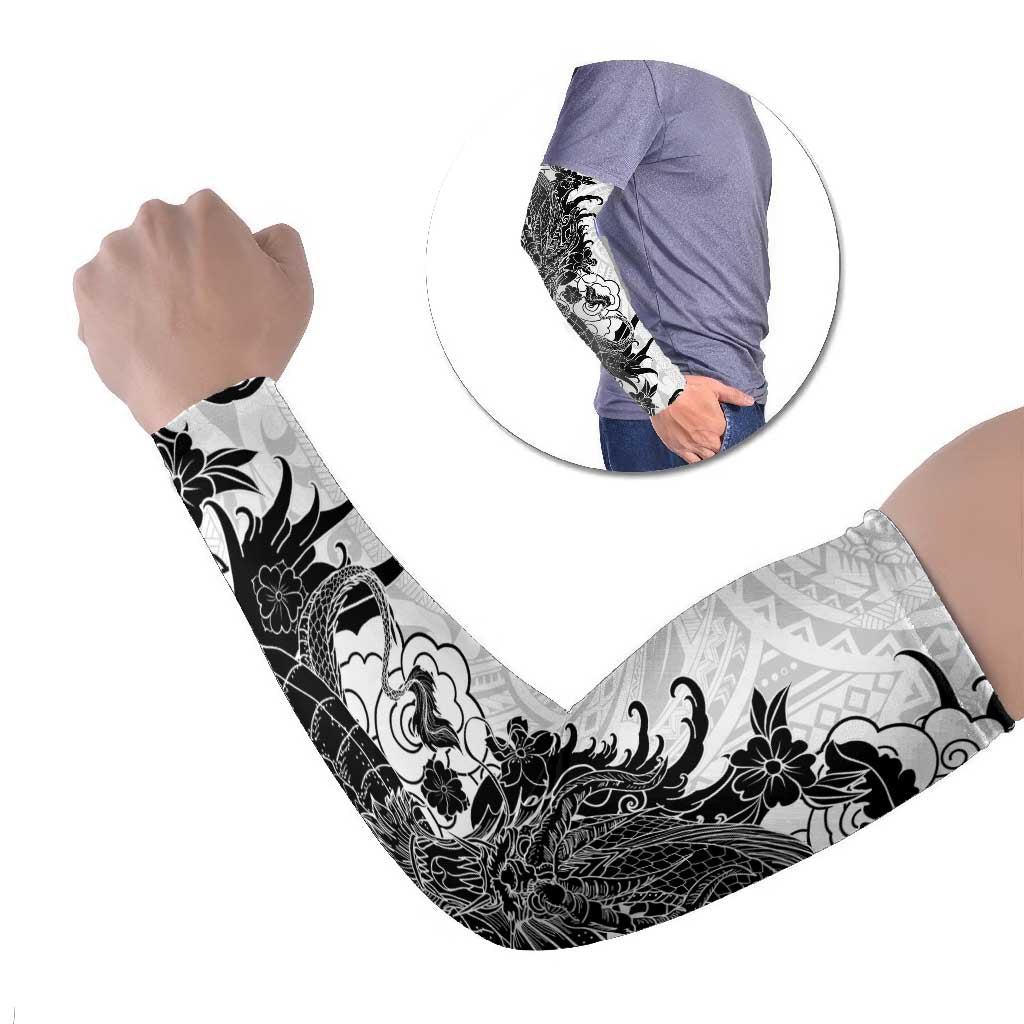Hawaiian And Japanese Culture Arm Sleeves Irezumi Dragon With Polynesian Pattern White LT05 Set of 2 White - Polynesian Pride