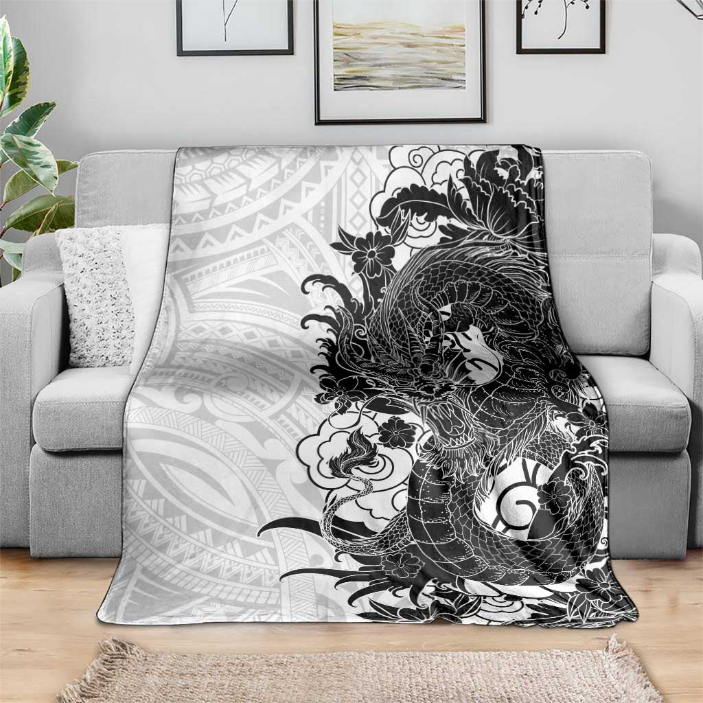 Hawaiian And Japanese Culture Blanket Irezumi Dragon With Polynesian Pattern White LT05 - Polynesian Pride