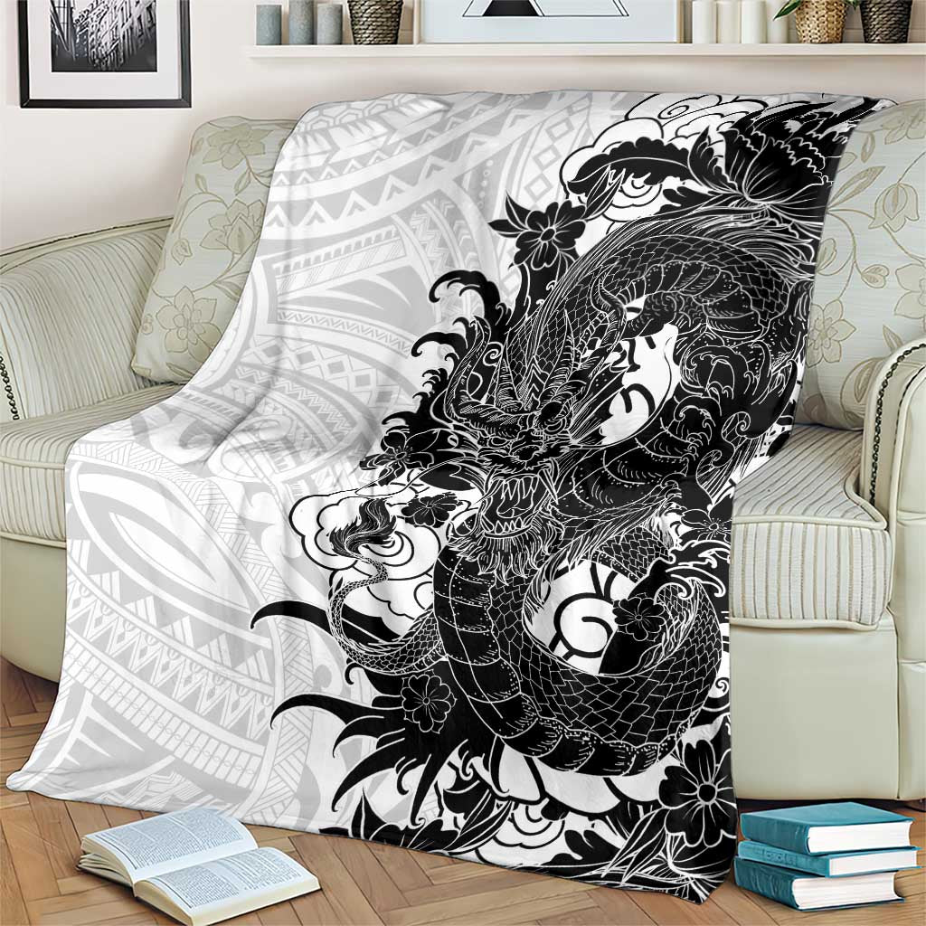 Hawaiian And Japanese Culture Blanket Irezumi Dragon With Polynesian Pattern White LT05 - Polynesian Pride