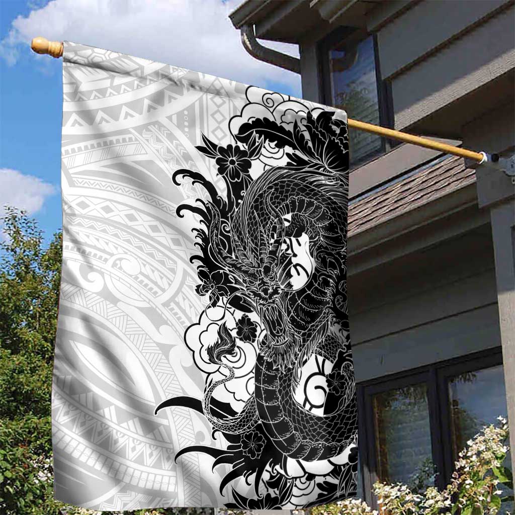 Hawaiian And Japanese Culture Garden Flag Irezumi Dragon With Polynesian Pattern White LT05 - Polynesian Pride
