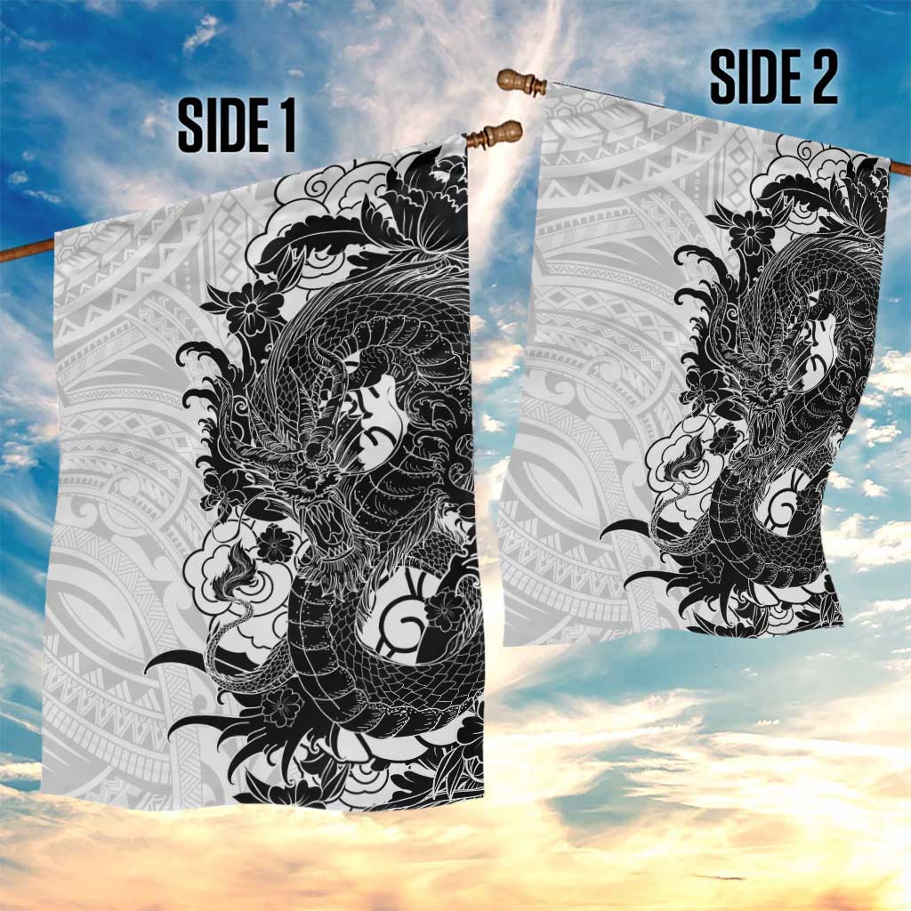 Hawaiian And Japanese Culture Garden Flag Irezumi Dragon With Polynesian Pattern White LT05 - Polynesian Pride