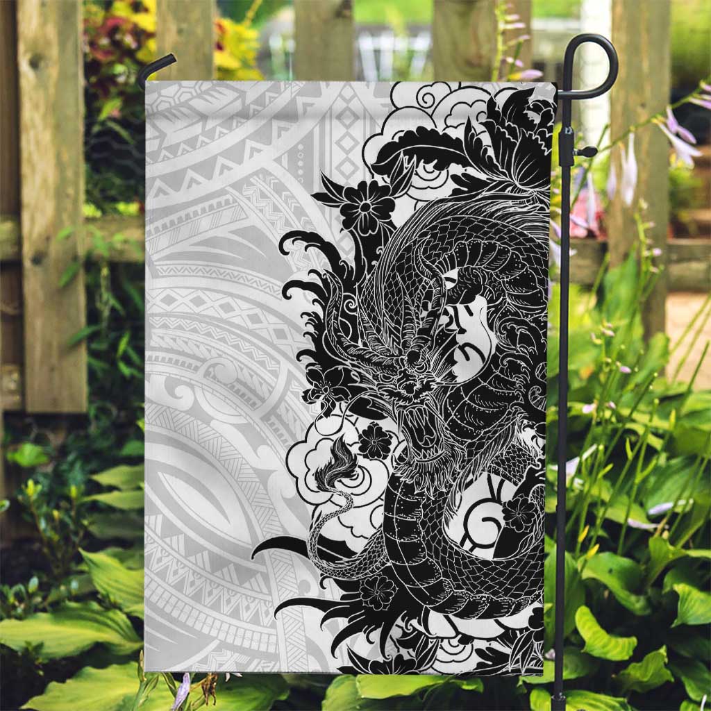 Hawaiian And Japanese Culture Garden Flag Irezumi Dragon With Polynesian Pattern White LT05 Garden Flag White - Polynesian Pride