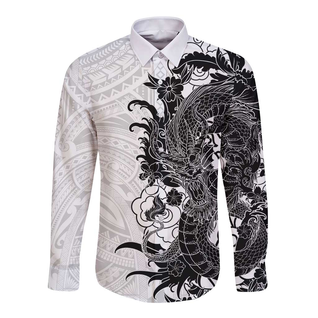 Hawaiian And Japanese Culture Long Sleeve Button Shirt Irezumi Dragon With Polynesian Pattern White LT05 Unisex White - Polynesian Pride