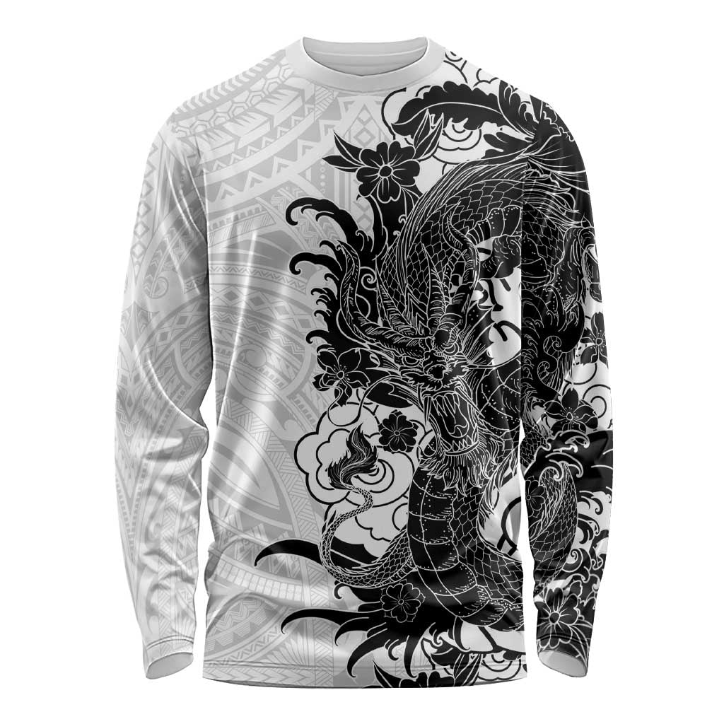 Hawaiian And Japanese Culture Long Sleeve Shirt Irezumi Dragon With Polynesian Pattern White LT05 Unisex White - Polynesian Pride