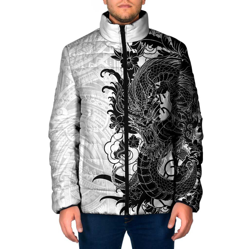 Hawaiian And Japanese Culture Padded Jacket Irezumi Dragon With Polynesian Pattern White LT05 Men White - Polynesian Pride
