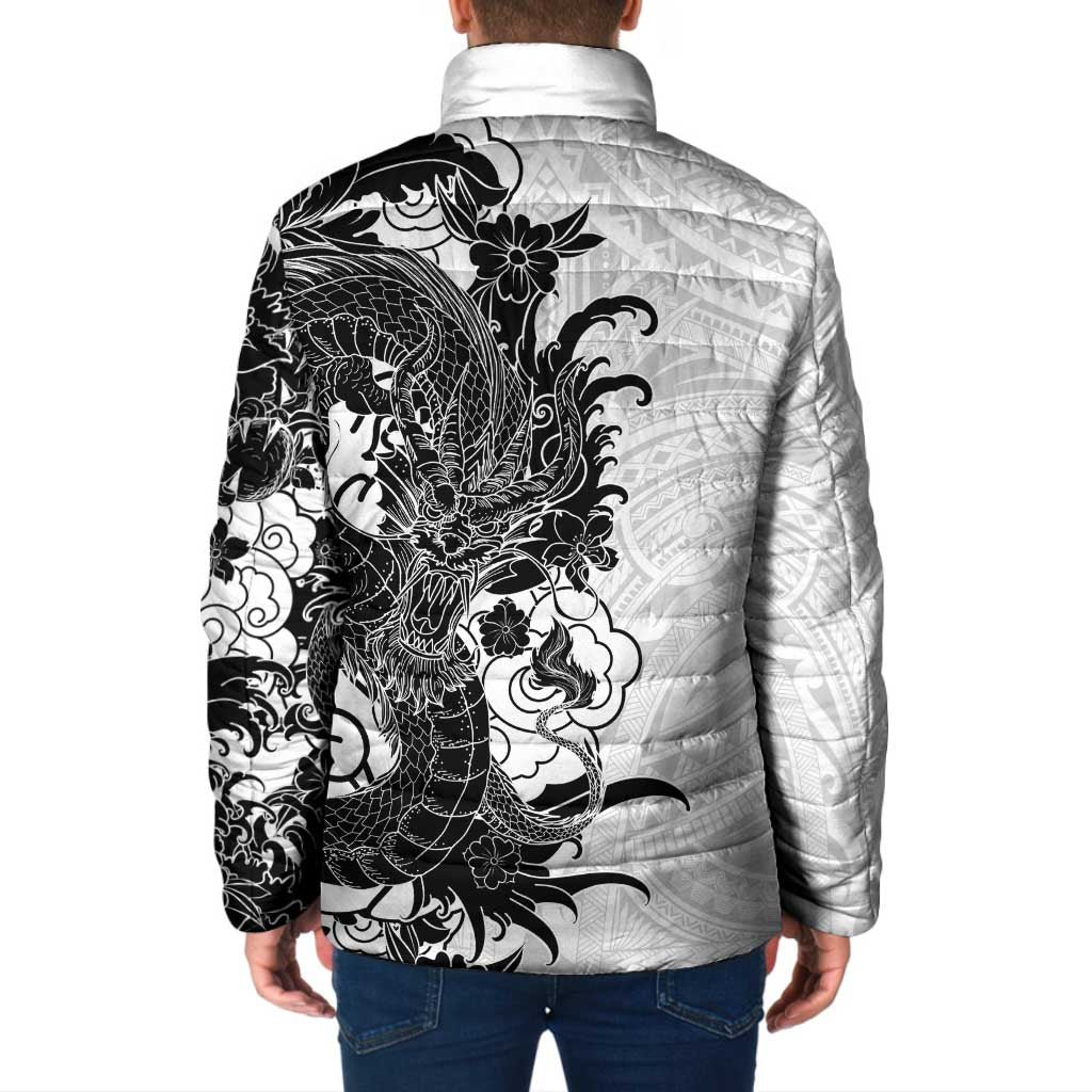 Hawaiian And Japanese Culture Padded Jacket Irezumi Dragon With Polynesian Pattern White LT05 - Polynesian Pride