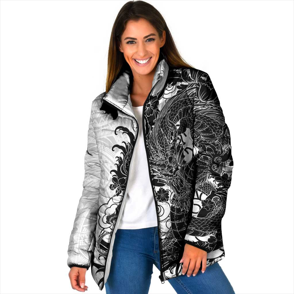 Hawaiian And Japanese Culture Padded Jacket Irezumi Dragon With Polynesian Pattern White LT05 Women White - Polynesian Pride
