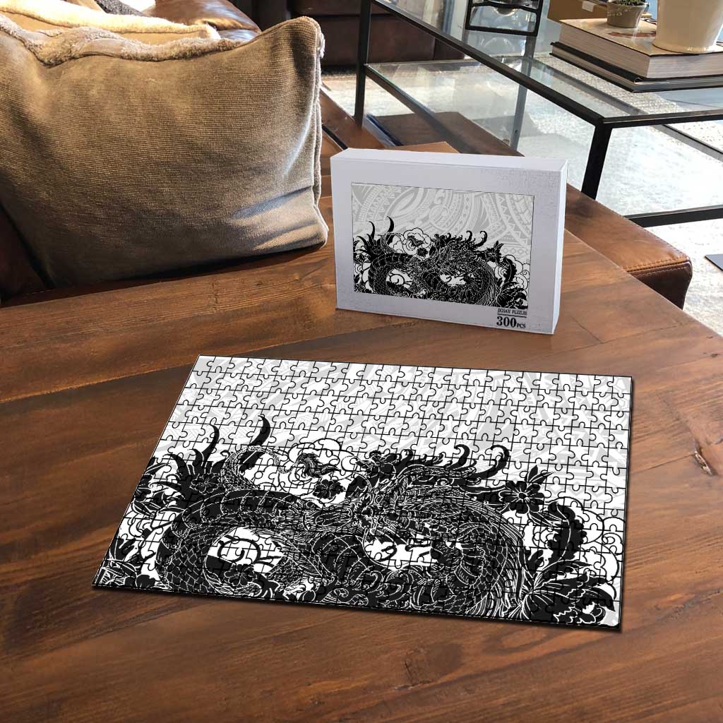Hawaiian And Japanese Culture Puzzle Irezumi Dragon With Polynesian Pattern White LT05 - Polynesian Pride