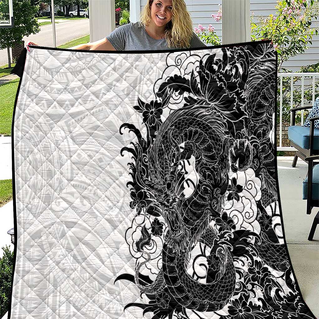 Hawaiian And Japanese Culture Quilt Irezumi Dragon With Polynesian Pattern White LT05 White - Polynesian Pride