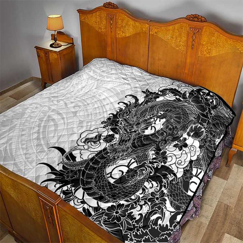Hawaiian And Japanese Culture Quilt Irezumi Dragon With Polynesian Pattern White LT05 - Polynesian Pride