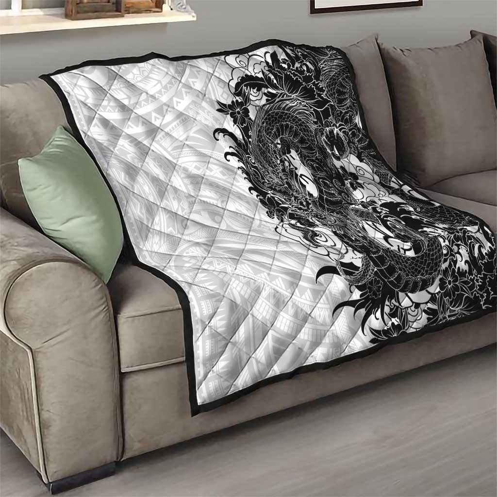 Hawaiian And Japanese Culture Quilt Irezumi Dragon With Polynesian Pattern White LT05 - Polynesian Pride
