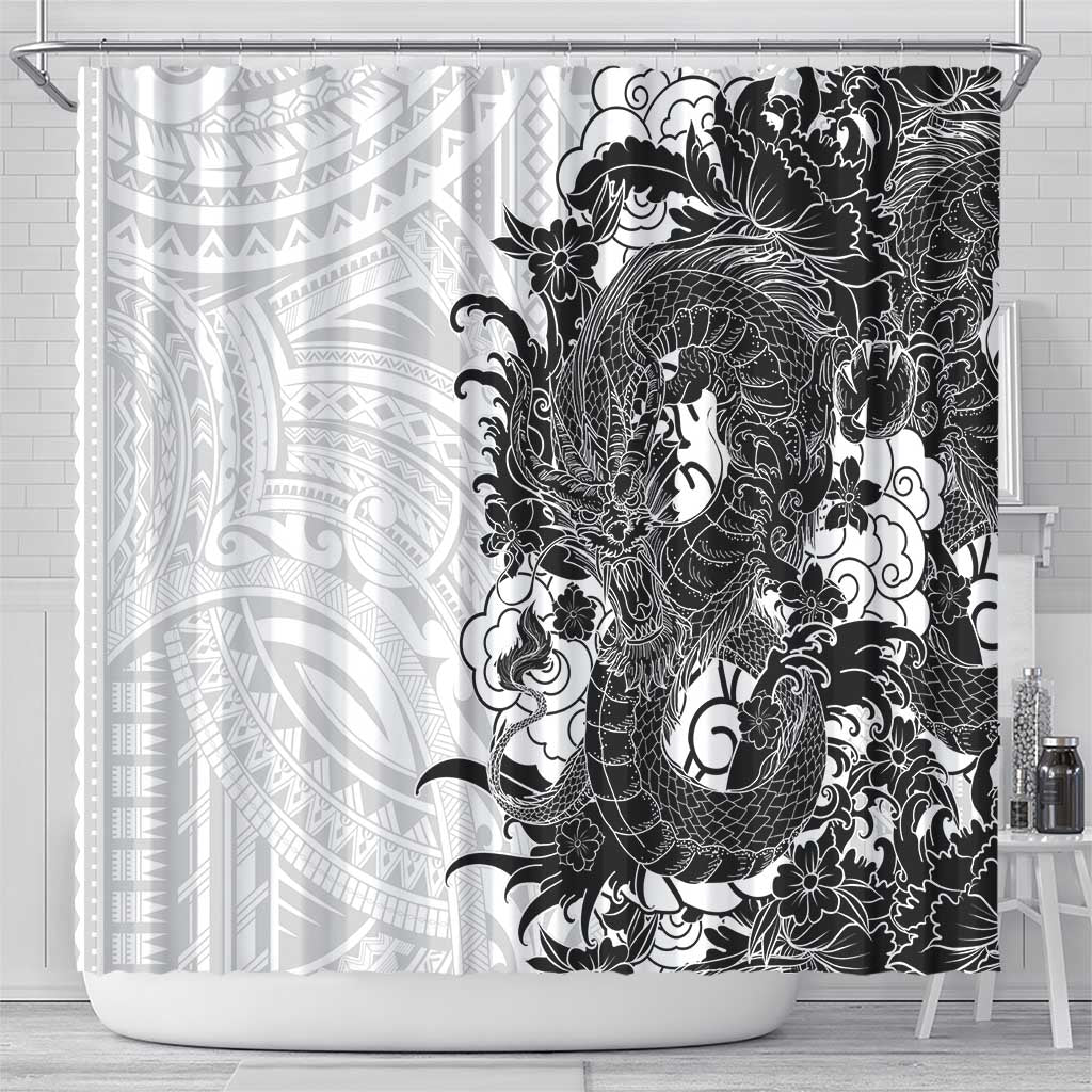 Hawaiian And Japanese Culture Shower Curtain Irezumi Dragon With Polynesian Pattern White LT05 - Polynesian Pride