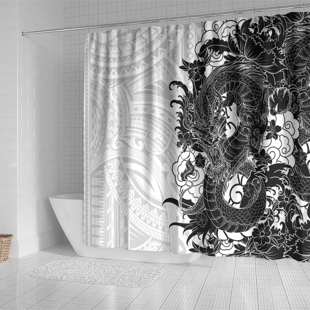 Hawaiian And Japanese Culture Shower Curtain Irezumi Dragon With Polynesian Pattern White LT05 - Polynesian Pride
