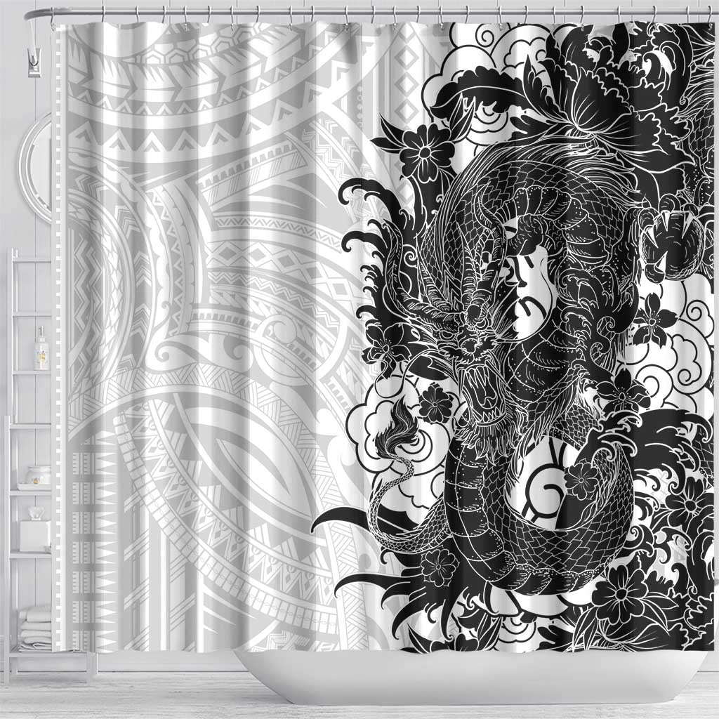Hawaiian And Japanese Culture Shower Curtain Irezumi Dragon With Polynesian Pattern White LT05 - Polynesian Pride