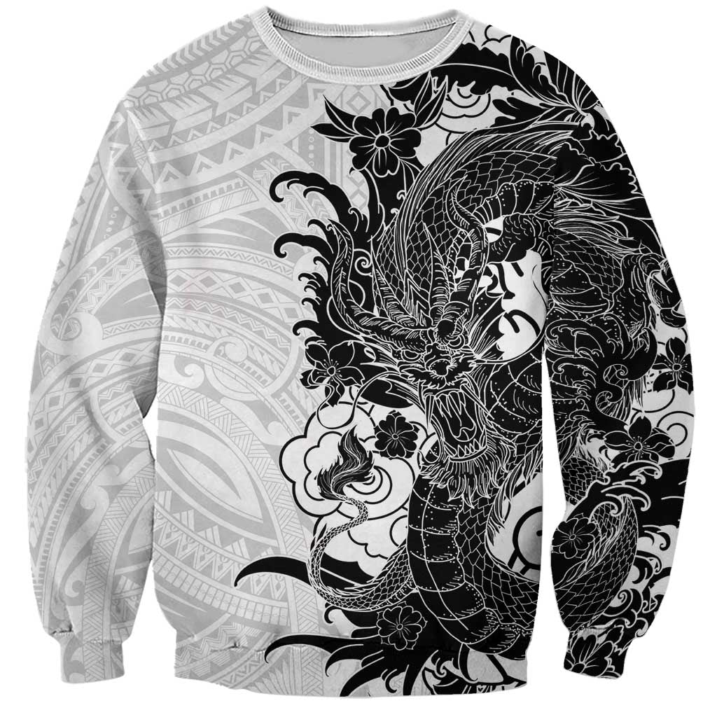 Hawaiian And Japanese Culture Sweatshirt Irezumi Dragon With Polynesian Pattern White LT05 Unisex White - Polynesian Pride